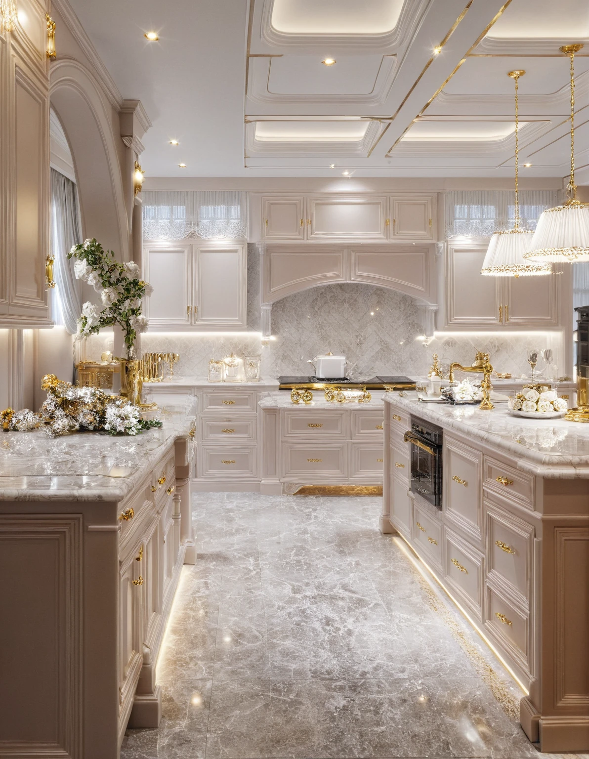 ,Masterpiece, Best quality,8K, Ultra-high resolution,When you step into the dining room and kitchen,Immediately surrounded by a rich atmosphere of luxury。Ornate crystal chandeliers hang high on the wall,Shine brightly。The sofa was covered with a soft white fluffy blanket,It is so comfortable,So much so that you can't help but indulge in it。In the corner of the dining room is a delicate coffee table,Embellished with precious porcelain and champagne gold ornaments。Whenever it is late afternoon,The afterglow from the window spilled on the floor,Soft light and shadow are reflected,It was as if entering a dreamland。