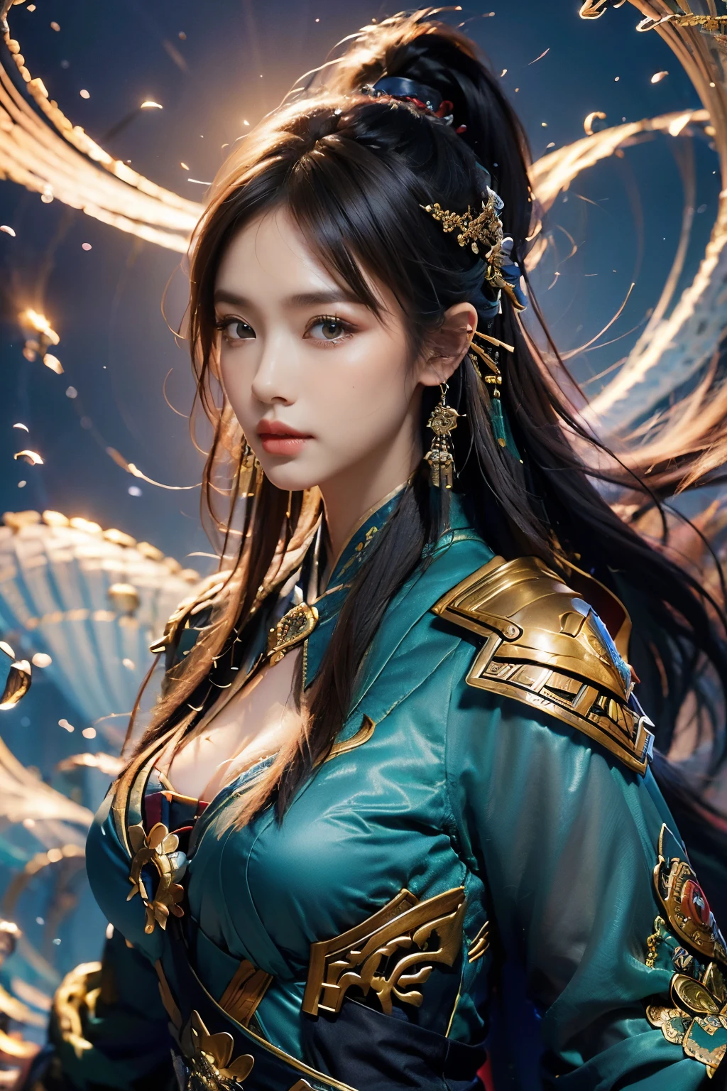 Game Art，Best image quality，Highest Resolution，8k，(Bust photo)，(Portraiture)，(Head close-up)，(Three-part method)，Unreal Engine 5 rendering， (Future Girl)，(Woman warrior)， 
25 year old girl，(Ancient Chinese Generals)，Eye for detail，(Big Breasts)，Elegant and noble，Indifference，Brave，
(Wear ancient Chinese cloth，chinese hanfu，Tang Dynasty Costume，The costumes are detailed，Simple colors)，Chinese character，Fantasy Style，
Photo pose，Wild background，Cinema Lighting，Ray Tracing，Game CG，((3D Unreal Engine))，OC Rendering Reflective Pattern