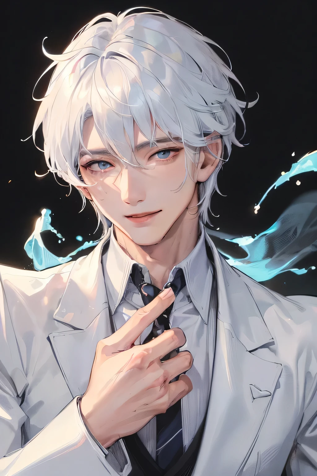 official art, masterpiece, 1 boy, 1 man, 1 male, a man, sharp focus, (Korean man:1.3), (handsome man korean:1.3), korean handsome, Delicate and manly hair and eyes and face, realistic, ultra detailed, handsome man, white hair, cool smile expression, dynamic hair, detailed white hair, glow blue eyes, sexy, in the dark, deep shadow, low key, cold light, dynamic light, cinematic lighting, cinematic lighting, mature man, face closeup, face detail, red lips detail, very detail eyes, detail faces, face detail, detail, utra detail, very detail, highly detail, ultra detail、masterpiece、(top-quality)、Adult Man、((Adult 30 years old))、((Adult boy type))、Cool Men、((Wild features))、((Wild look))、((smile expressions))、((Diamond face))、((Thin Almond Eyes))、Slim body、((Sick Man))、((Mine Mans))、((sassy pose))