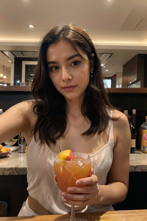 Woman drinking a peach cocktail、looking at the camera