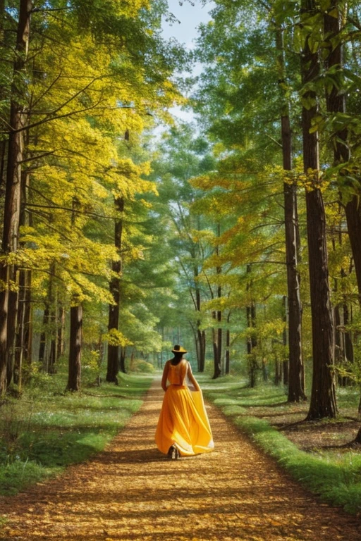 A beautiful woman is walking in the middle of a forest, she's offering her hand, growing like a crown of a tree, green, orange and gold,like a living organism, shining bright, dressed with symmetrical designs of leaves and arabesques, adorned with yellow lights, masterpiece, highly detailed, 3d modelling, 4k resolution, abstract art, digital art, photographic
