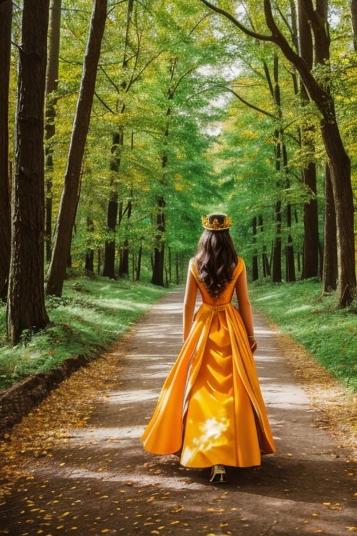 A beautiful woman is walking in the middle of a forest, she's offering her hand, growing like a crown of a tree, green, orange and gold,like a living organism, shining bright, dressed with symmetrical designs of leaves and arabesques, adorned with yellow lights, masterpiece, highly detailed, 3d modelling, 4k resolution, abstract art, digital art, photographic