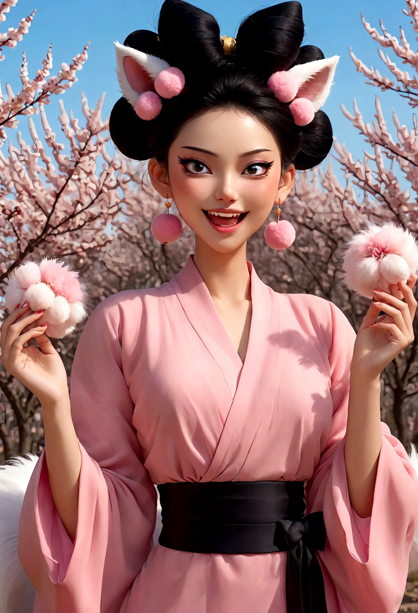 Nine-tailed fox demon，Beautiful face，beautiful eyes，Pink Eyeshadow，laughing out loud，Fangs，Big fluffy tail，Black high bun，Forehead hair，Pink pompom earrings，Pink wrap dress，绿色hand镯，hand，Spells，Peach Garden，Petals in the sky，dreamlike