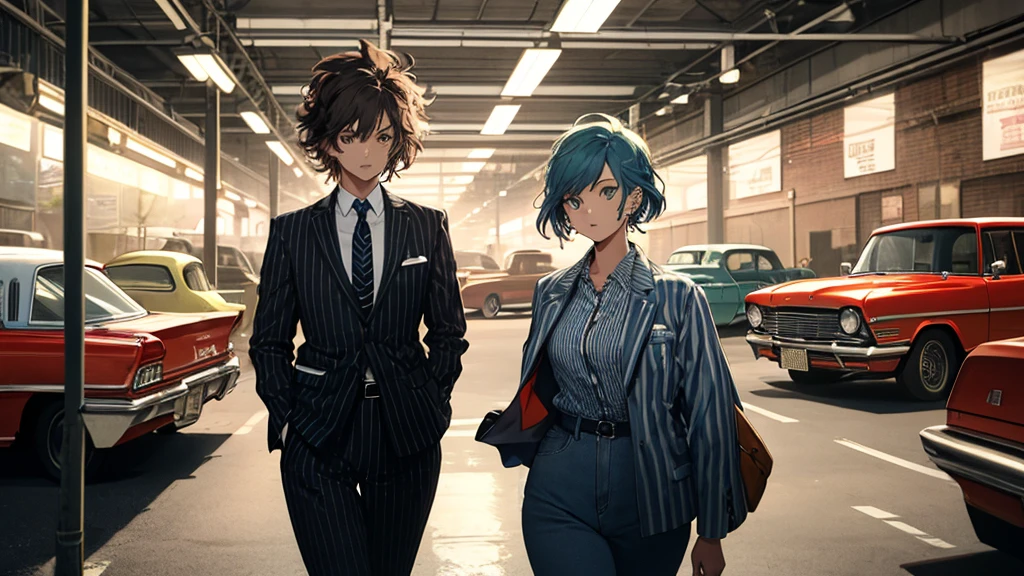 (masterpiece), (highest quality), (Super detailed),(Disheveled Hair),(figure), (girl), A stylish ska-punk musician wearing a suit and striped tie, fused with retro American culture。
American cars and vintage goods、Items reminiscent of 1960s America。
Expressed with colors and textures that evoke a sense of nostalgia。