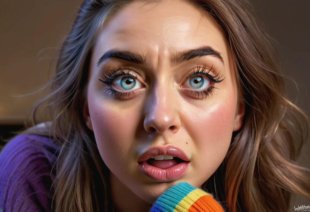 Girl smelling her own removed socks (disgust expression: 1.9), disgusted face, beautifully detailed eye contortion, beautifully detailed lip contortion, highly detailed eyes and face, long eyelashes, detailed facial features, head to chest composition, socks, removed socks, highly detailed, 8k, masterpiece, realistic, photorealistic, vibrant colors, warm lighting, dramatic lighting, lightning in background: 1.4,
