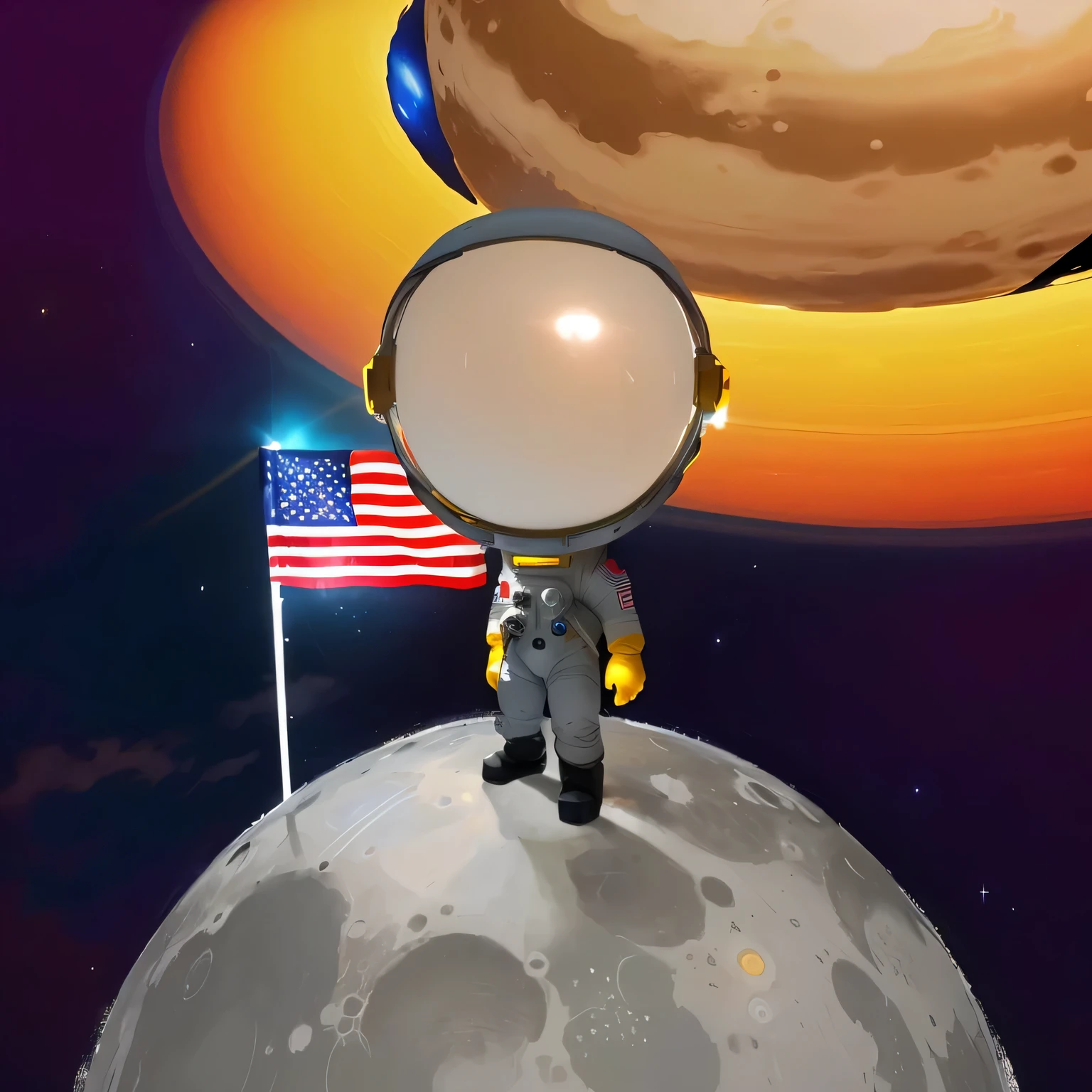 cartoon astronaut standing on a moon with a flag in front of a saturn, standing in the solar system, standing in outer space, standing on the moon, on moon, moon landing, on the moon, american astronaut, visiting saturn, astronaut on the moon, moon mission, sitting on a moon, wears tiny spacesuit, lunar walk, space walk, landing on the moon