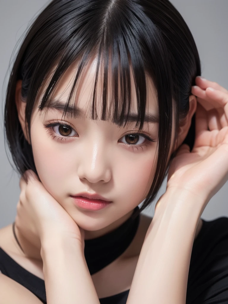 (8k, Photorealistic, Raw photo, Highest quality: 1.4),Japanese idol-style beautiful girl,1 person,,Hairstyle(Short Bob,Black :1.4),She has her hair tucked behind her ears,Large, clear grey eyes,Long eyelashes,Plump Cheeks,Thin and delicate shoulders,(She's in a bra(Pink)Wearing it on his chest),thin abdomen,(She is wearing a plain white short-sleeved blouse),(All the buttons on her blouse are undone :1.8),(The hem of the blouse is hanging up..8),(Pleated skirt(Plaid)Wearing),Blackの靴下を履いている,School classroom,(Sitting with both feet on the desk(Legs wide open :1.4)),(Angle from below),Full body portrait
