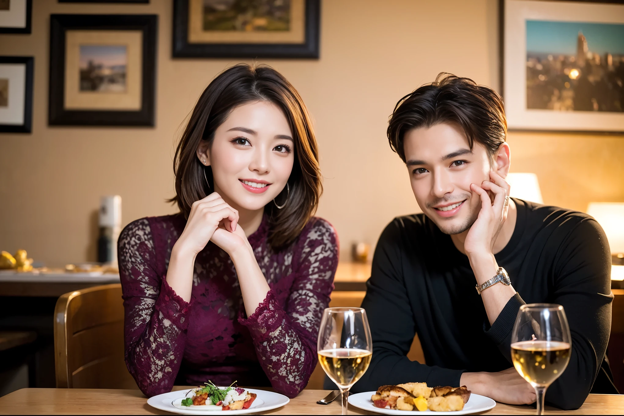 ((highest quality、8k、masterpiece:1.3))、 (Genuineistic, Genuine、Bright image、Intricate details:1.2), Best smile 1 man 1 woman、Beautiful Couple、Slim lover、Engaged Couple、actress、model、Smile、full-course dinner、 (Slim face), (The body is slim), (Brown Hair), (short hair), テーブルの上のwine glass、Please shine a light on my face、 Amazing view of the sunset sky and clouds、 (Age 44), 41 years old, red wine 、Appetizers、Wine bottle、sparkling wine、Long sleeve shirt、dress、White wine, red wine, wine glass, 