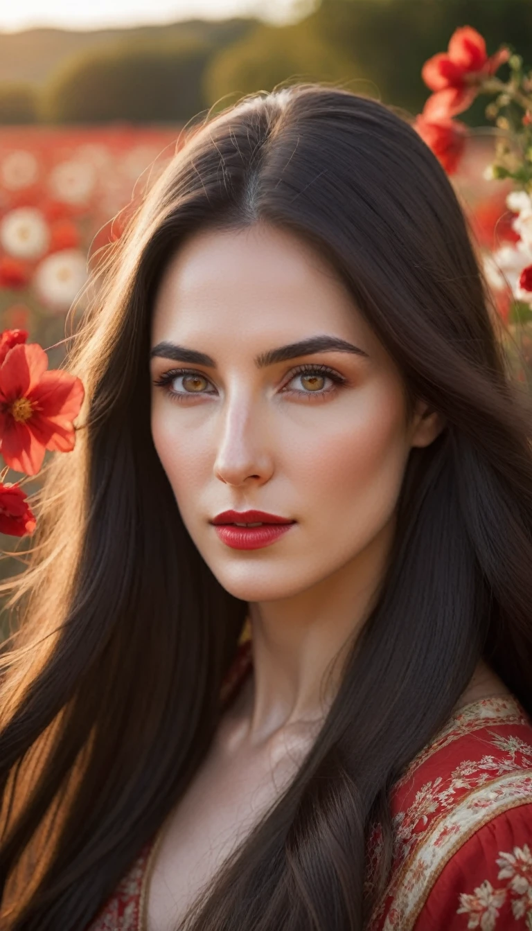 Portrait of a young woman with long dark hair, which blows in the wind.
Flowers of different colors are woven into her hair, in particular white and red, which add natural beauty and romance to the image.
Her face is partially lit with soft, warm light, which creates a contrast between light and shadow.
The facial expression is calm and a little pensive, with a slight emphasis on the eyes and lips.
The general style of photography is artistic, with a focus on details and a warm color scheme, which creates a sense of intimacy and peace.
