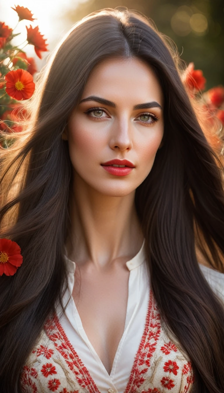 Portrait of a young woman with long dark hair, which blows in the wind.
Flowers of different colors are woven into her hair, in particular white and red, which add natural beauty and romance to the image.
Her face is partially lit with soft, warm light, which creates a contrast between light and shadow.
The facial expression is calm and a little pensive, with a slight emphasis on the eyes and lips.
The general style of photography is artistic, with a focus on details and a warm color scheme, which creates a sense of intimacy and peace.