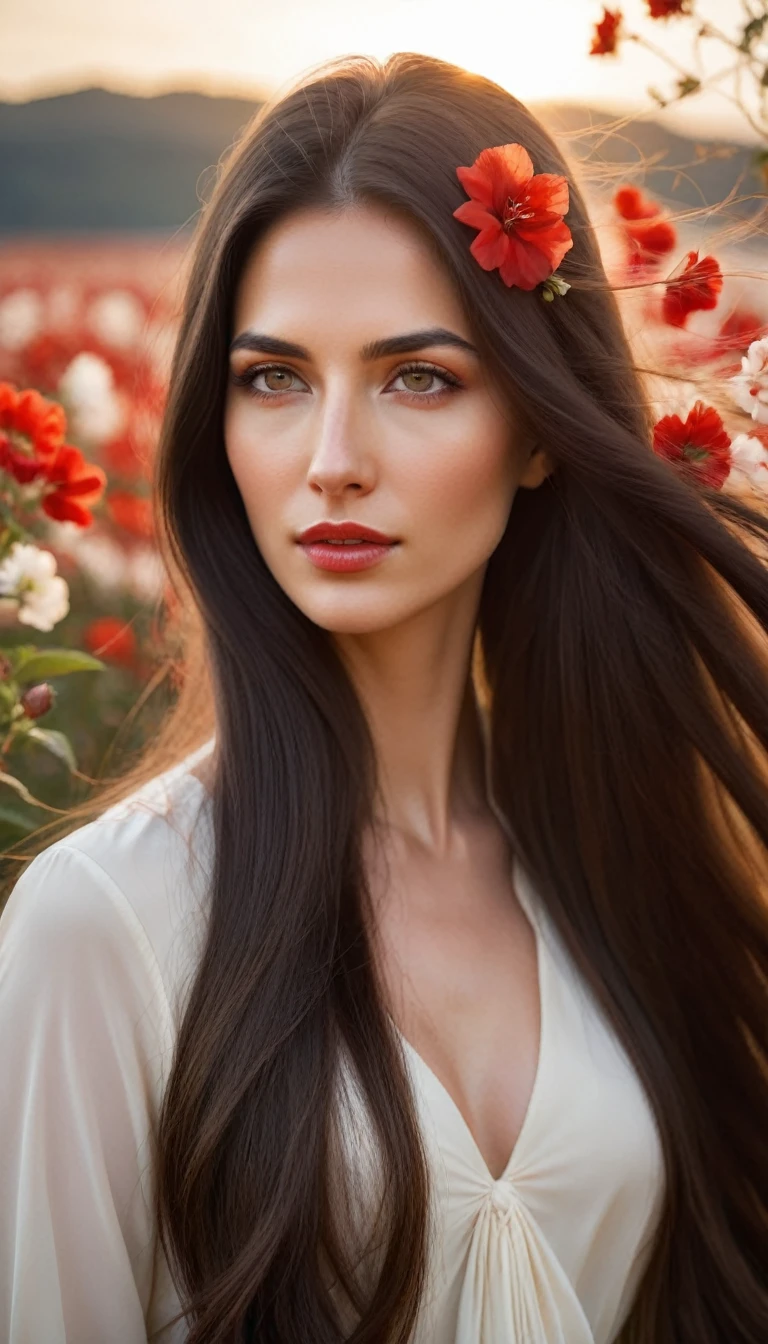 Portrait of a young woman with long dark hair, which blows in the wind.
Flowers of different colors are woven into her hair, in particular white and red, which add natural beauty and romance to the image.
Her face is partially lit with soft, warm light, which creates a contrast between light and shadow.
The facial expression is calm and a little pensive, with a slight emphasis on the eyes and lips.
The general style of photography is artistic, with a focus on details and a warm color scheme, which creates a sense of intimacy and peace.