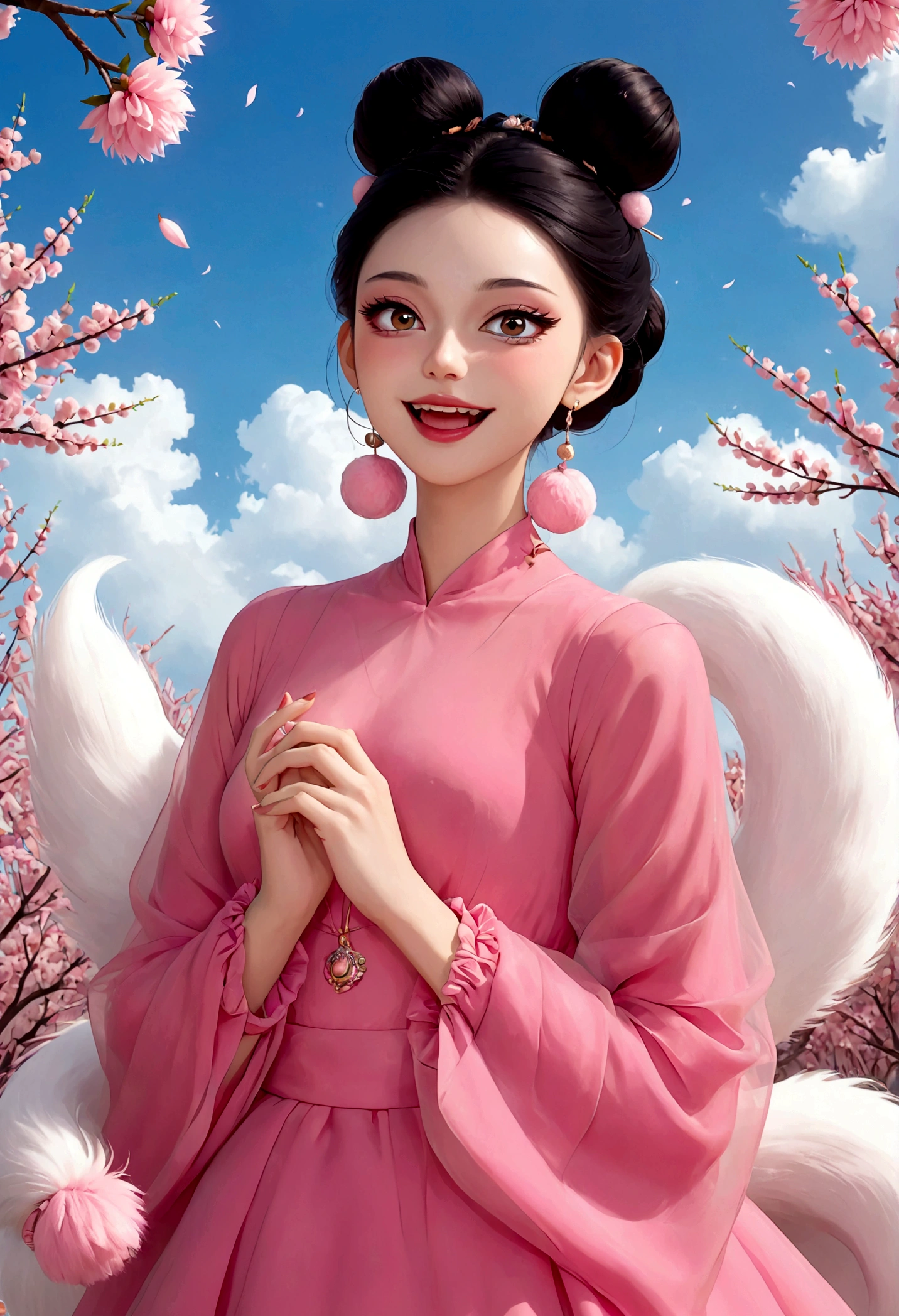 Beautiful face，beautiful eyes，Pink Eyeshadow，laughing out loud，Fangs，Big fluffy tail，Black high bun，Forehead hair，Pink pompom earrings，Fluffy princess dress，绿色hand镯，hand，Spells，Peach Garden，Petals in the sky，dreamlike