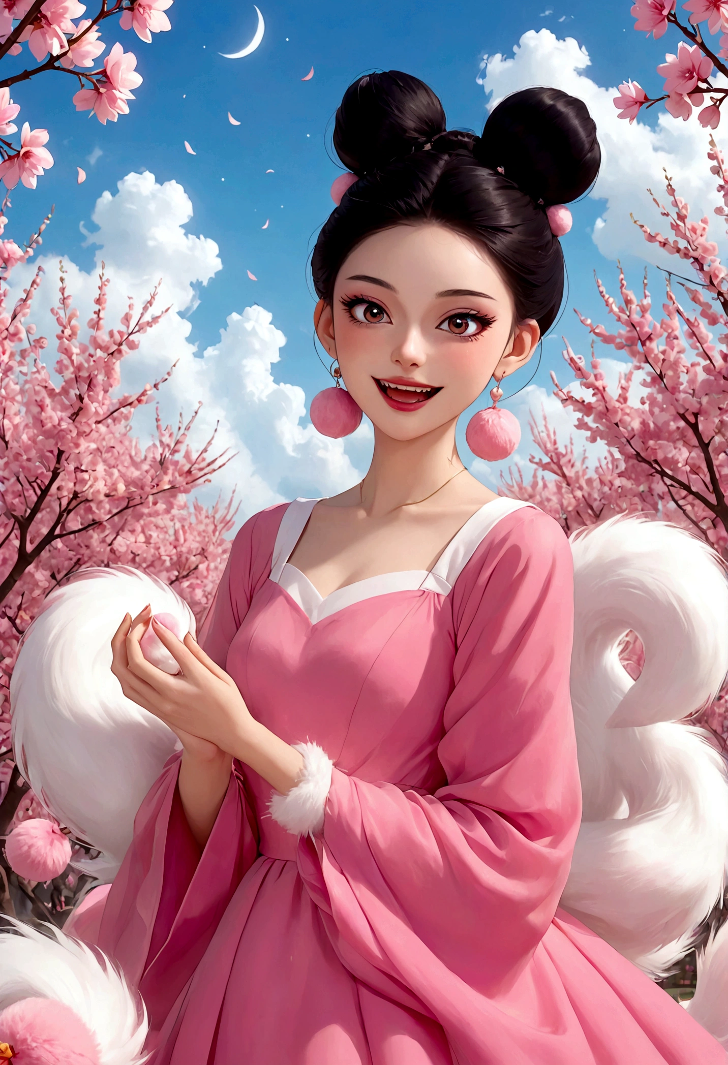 Beautiful face，beautiful eyes，Pink Eyeshadow，laughing out loud，Fangs，Big fluffy tail，Black high bun，Forehead hair，Pink pompom earrings，Fluffy princess dress，绿色hand镯，hand，Spells，Peach Garden，Petals in the sky，dreamlike