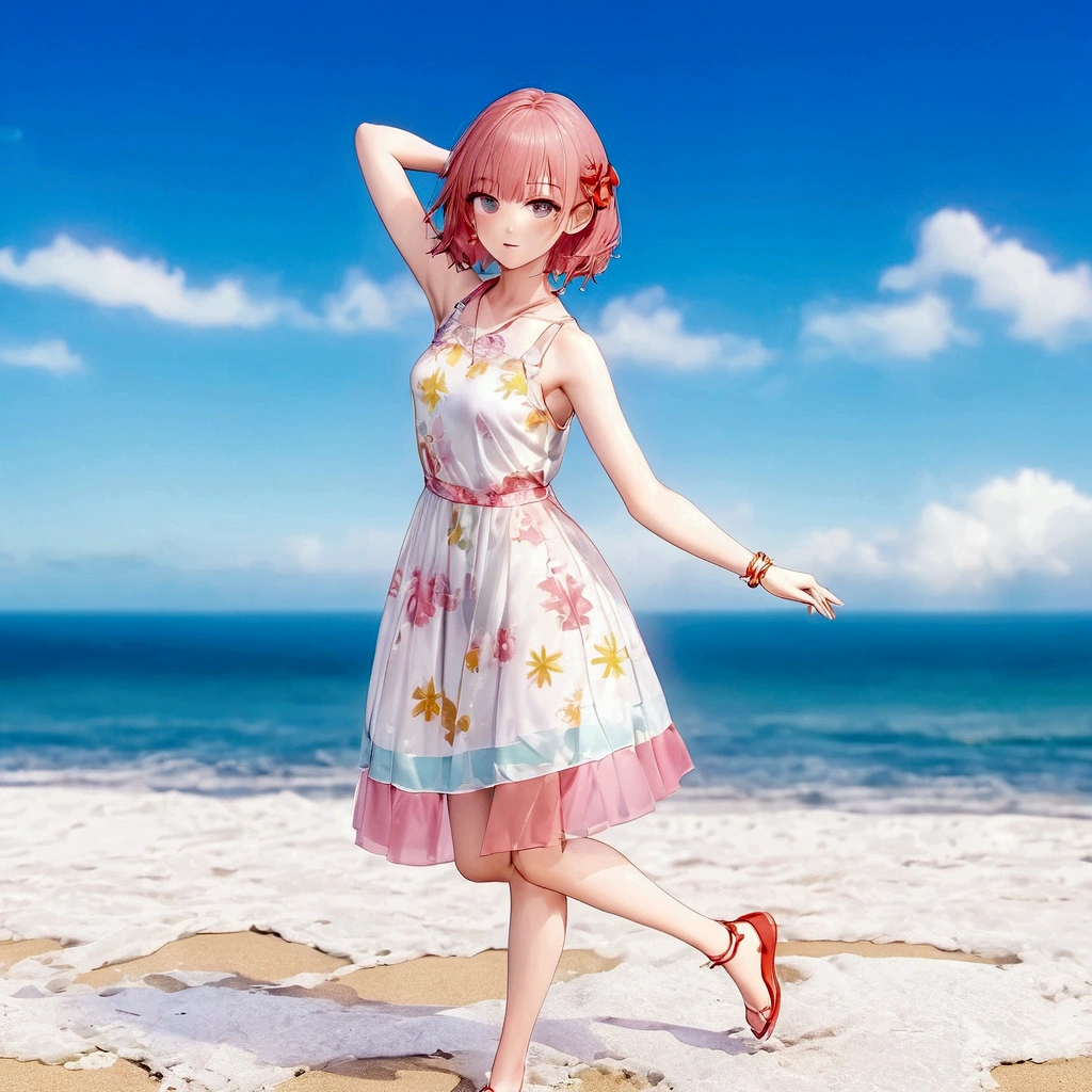 There is a woman in a dress standing on the beach, sayori, whole body:: sunny::, Standing near the beach, Cute 3D anime girl render, Fashion pose, Dancing on the beach, She is dancing. Realistic, Asuka as a surfer model, change, !!whole body portrait!!, Girl on the beach, Stylish pose