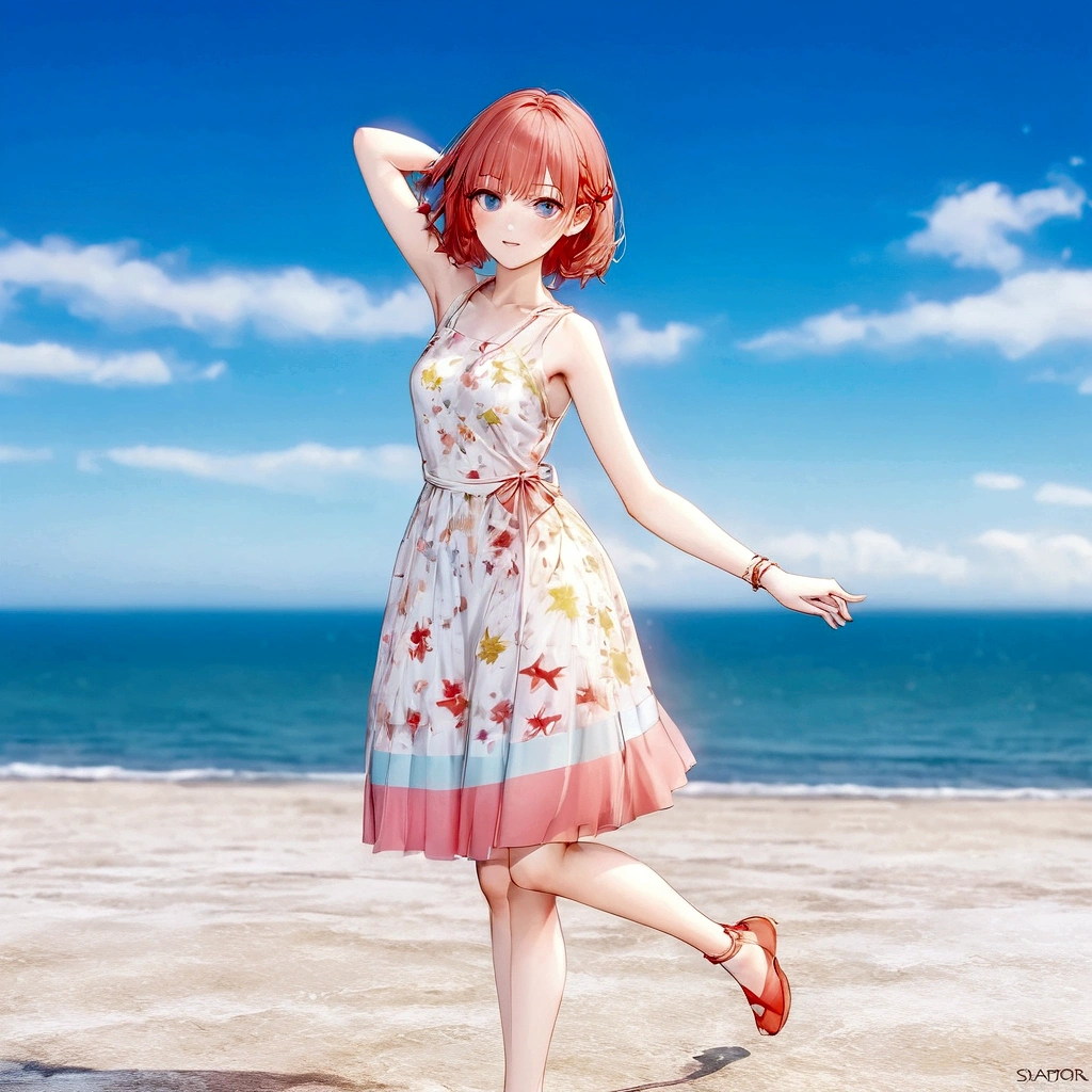 There is a woman in a dress standing on the beach, sayori, whole body:: sunny::, Standing near the beach, Cute 3D anime girl render, Fashion pose, Dancing on the beach, She is dancing. Realistic, Asuka as a surfer model, change, !!whole body portrait!!, Girl on the beach, Stylish pose