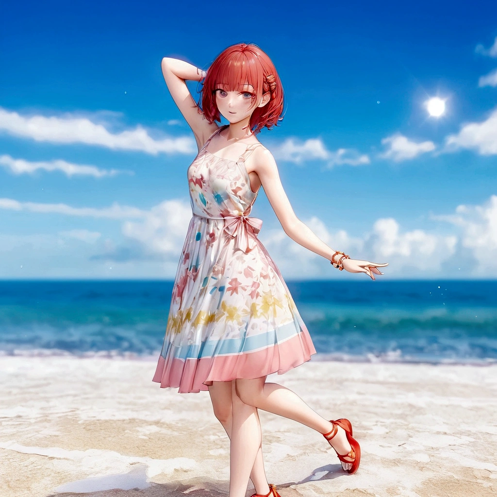 There is a woman in a dress standing on the beach, sayori, whole body:: sunny::, Standing near the beach, Cute 3D anime girl render, Fashion pose, Dancing on the beach, She is dancing. Realistic, Asuka as a surfer model, change, !!whole body portrait!!, Girl on the beach, Stylish pose