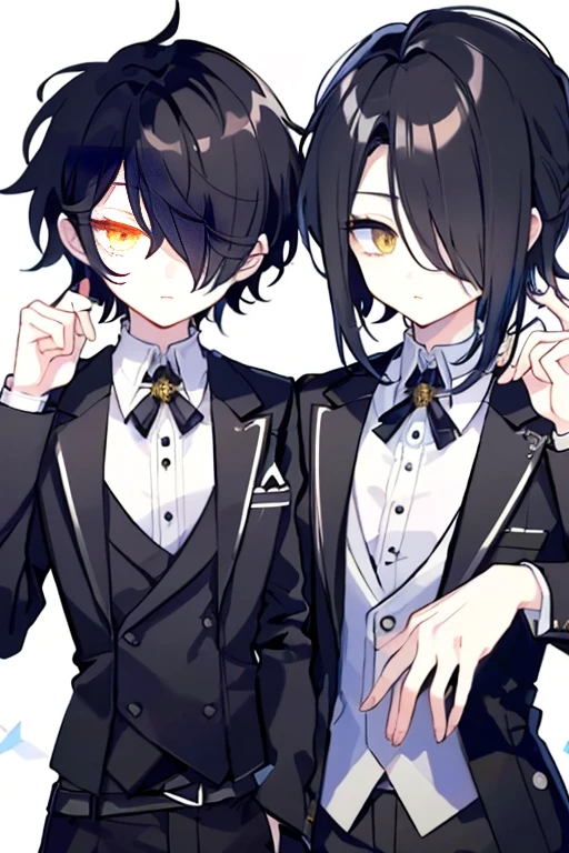 (highest quality、masterpiece:1.2) (((1 boy))) (suit) short hair、black hair,,、yellow eyes、elegant、beautiful eyes、beautiful hair、smooth skin、((low length))((hair above one eye, one eye covered)) (introverted look)upper body visible(((cute face))),(twins:1.5)