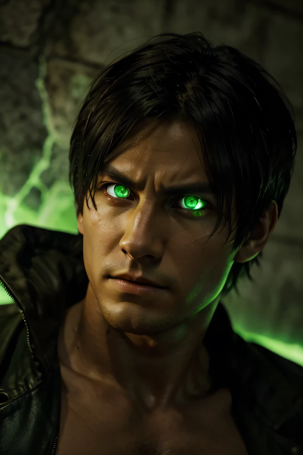 Eren Yeager as Titan with glowing green eyes,close up,hd,high definition wall paper type photo.