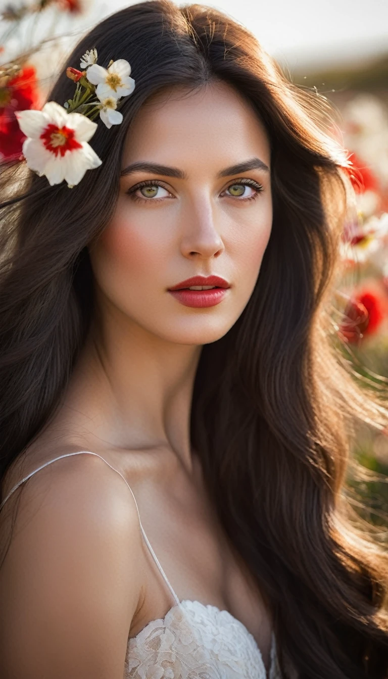 Portrait of a young woman with long dark hair, which blows in the wind.
Flowers of different colors are woven into her hair, in particular white and red, which add natural beauty and romance to the image.
Her face is partially lit with soft, warm light, which creates a contrast between light and shadow.
The facial expression is calm and a little pensive, with a slight emphasis on the eyes and lips.
The general style of photography is artistic, with a focus on details and a warm color scheme, which creates a sense of intimacy and peace.