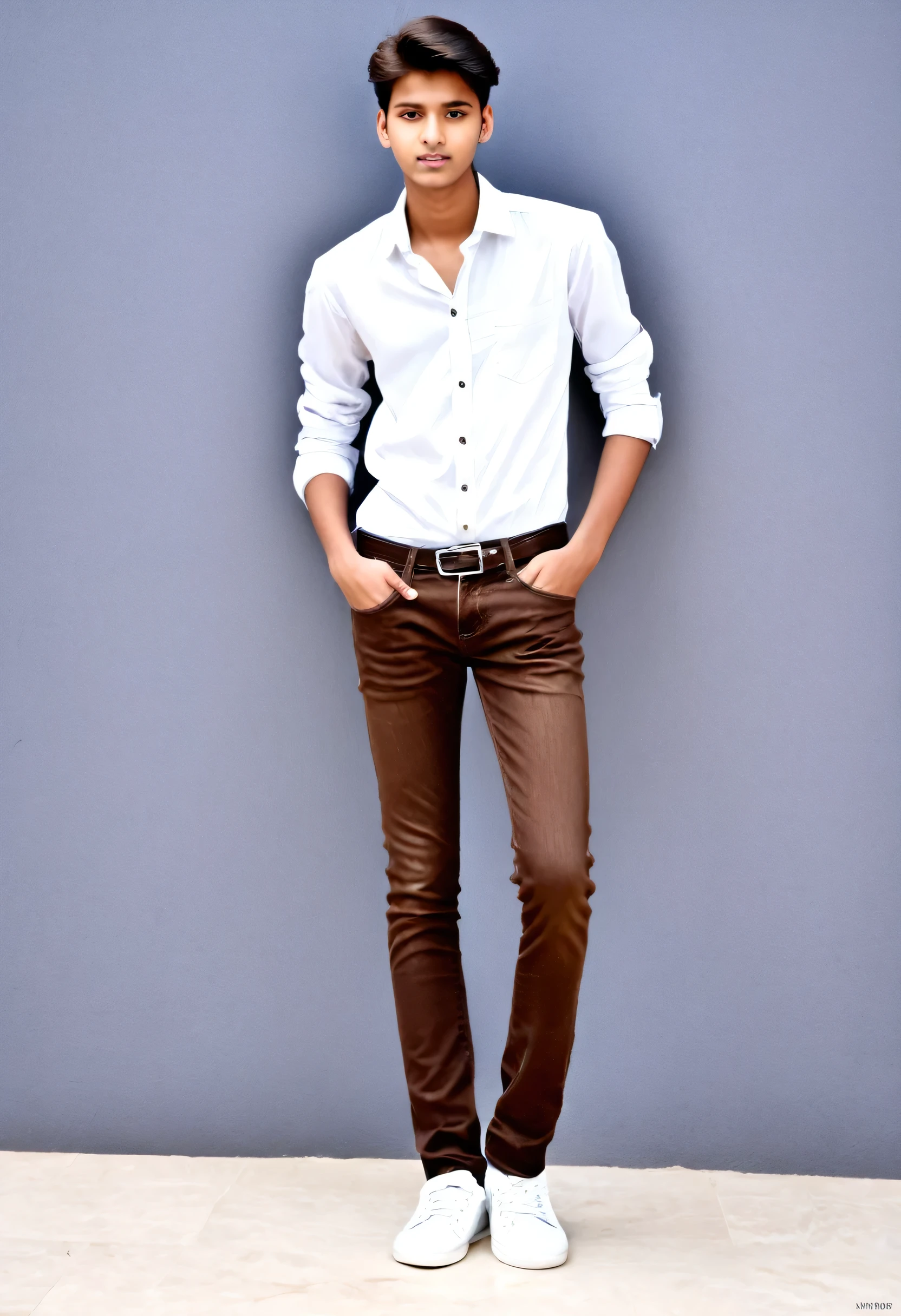 Indian 17 year young boy, looking very Handsome, fair, slim , tall, full size, brown jeans, white shirt, white shoe,