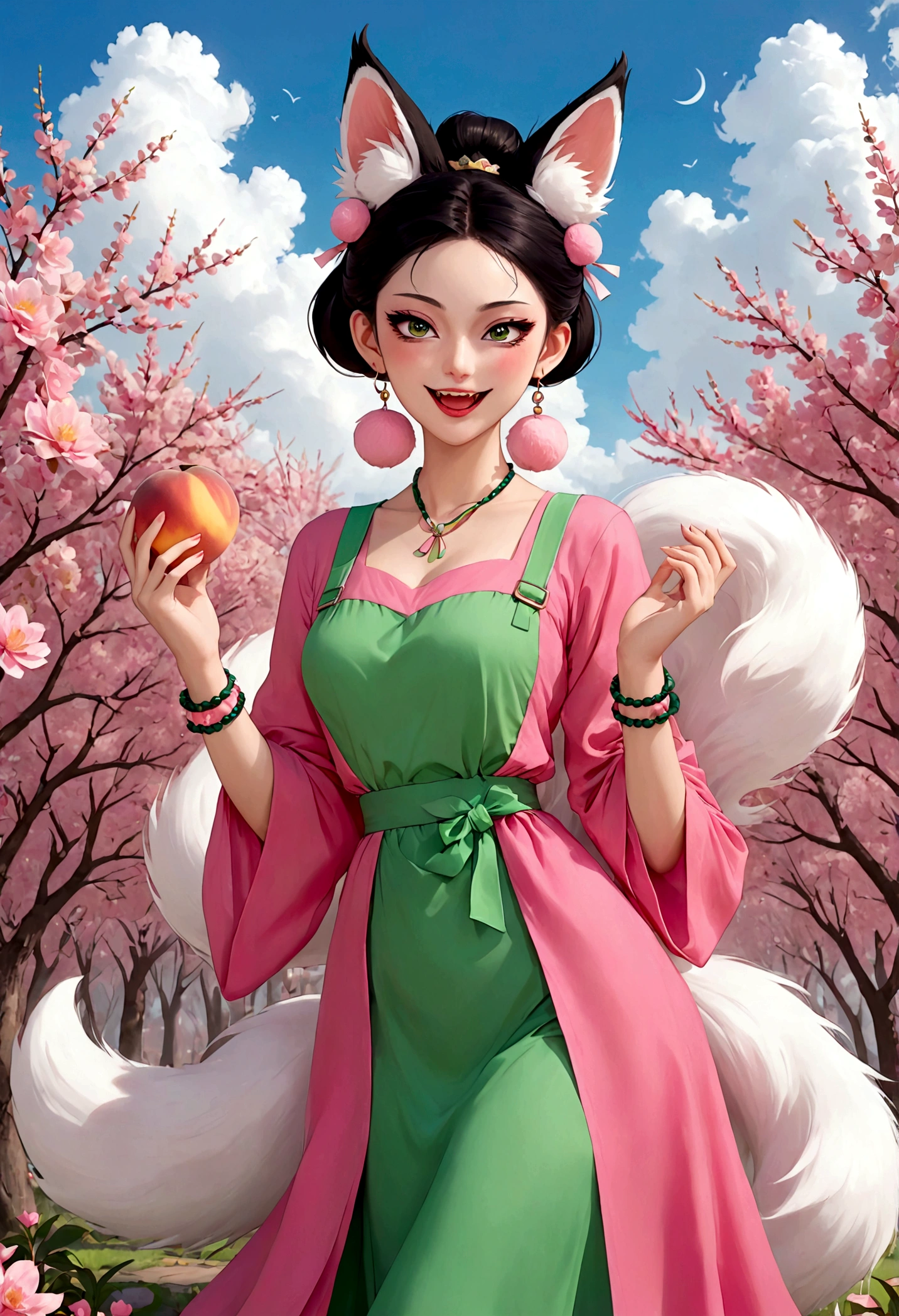 Nine-tailed fox demon，Beautiful face，beautiful eyes，Pink Eyeshadow，laughing out loud，Fangs，Big fluffy tail，Black high bun，Forehead hair，Pink pompom earrings，Long suspender skirt，Green hand bracelet，hand，Spells，Peach Garden，Petals in the sky，dreamlike