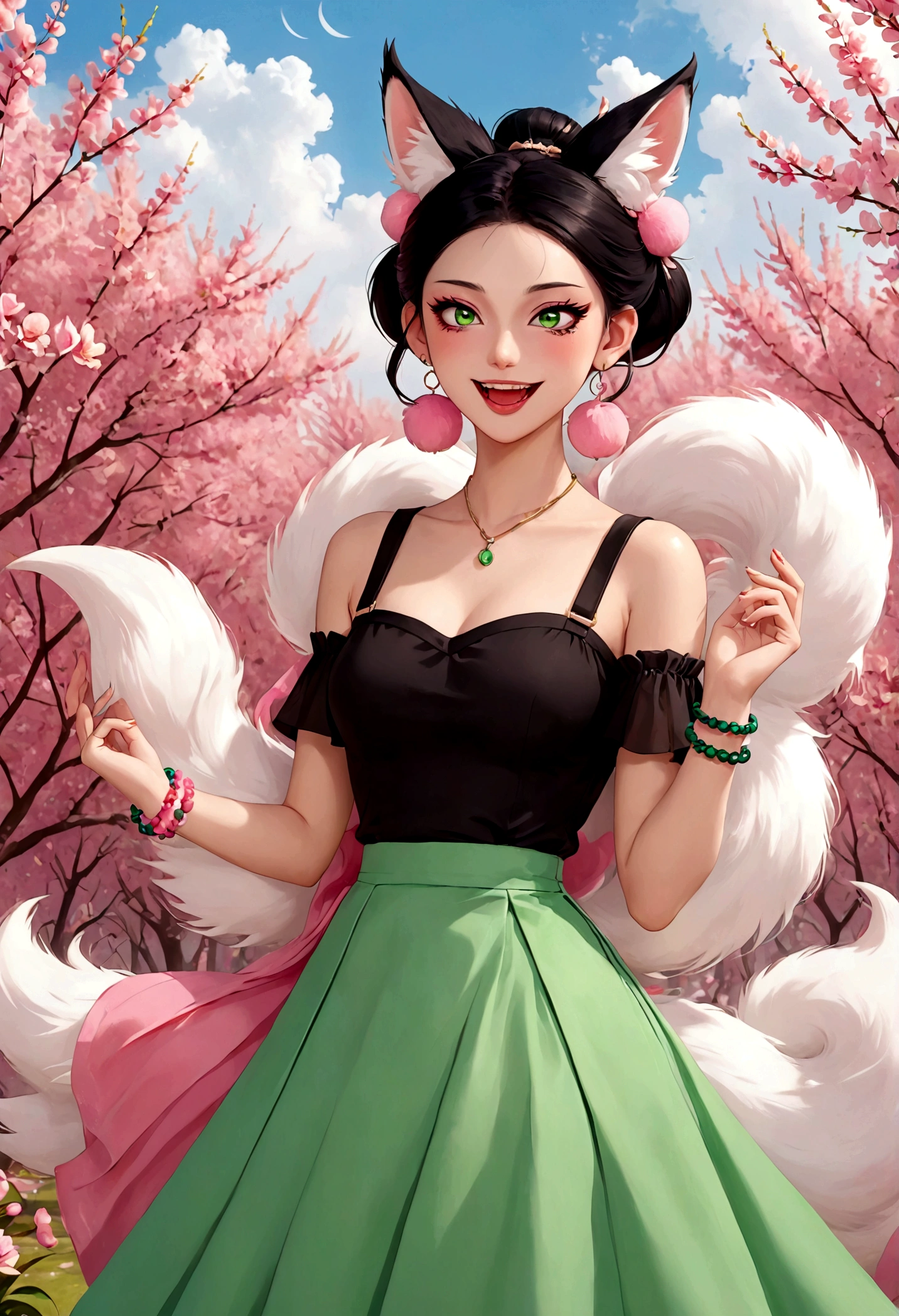 Nine-tailed fox demon，Beautiful face，beautiful eyes，Pink Eyeshadow，laughing out loud，Fangs，Big fluffy tail，Black high bun，Forehead hair，Pink pompom earrings，Long suspender skirt，Green hand bracelet，hand，Spells，Peach Garden，Petals in the sky，dreamlike