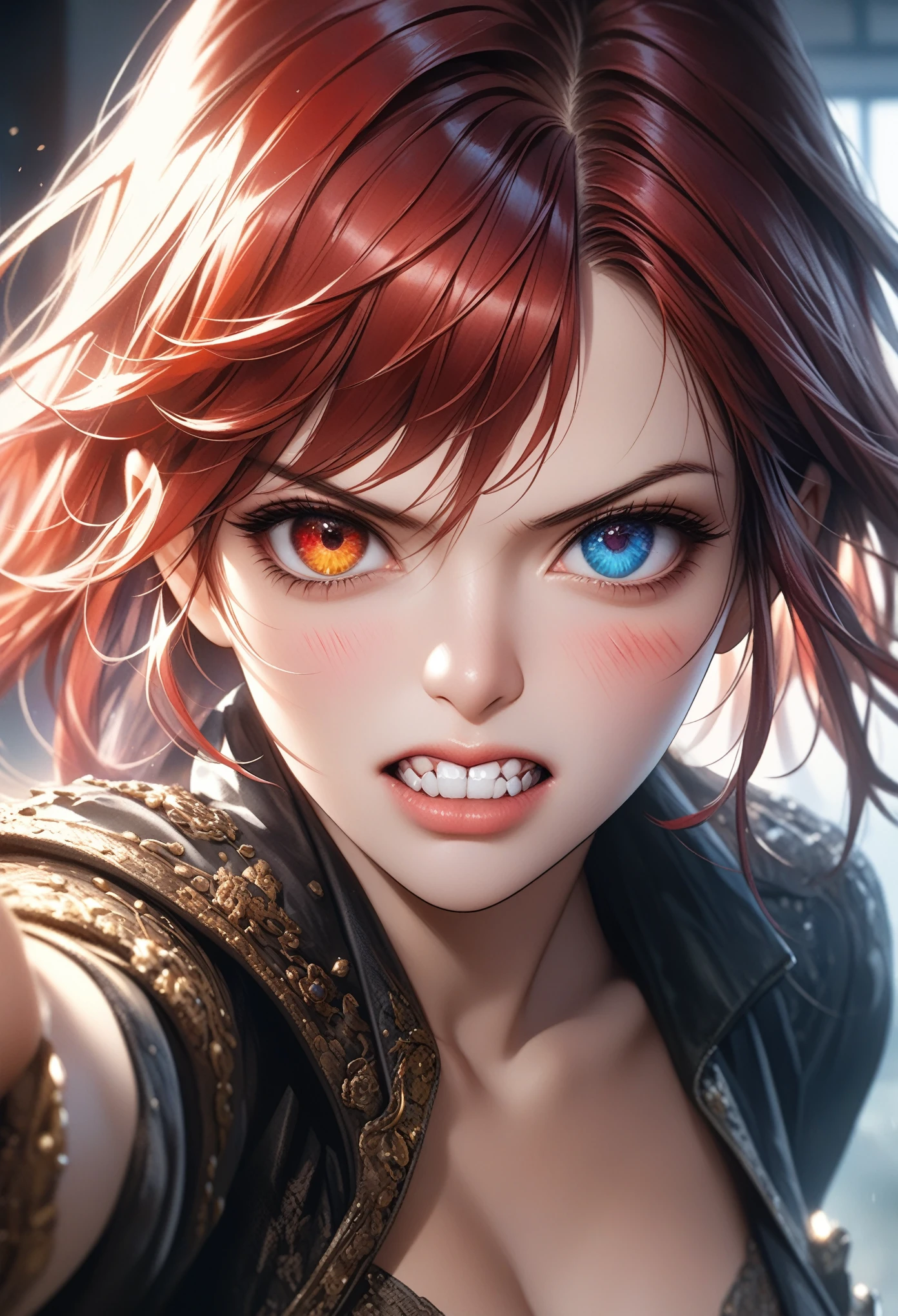 (Masterpiece in maximum 16K resolution:1.6), (intricate detail:1.4), (extremely insane detail:1.4),(highest quality:1.3),(Hyper_realistic:1.3). | ((Dark_color_tones):1.3),(close up portrait of psychotic mean girl face):1.3),((aeshthetic villain ornaments):1.1), ((wide angle shot):1.2), Clear light, Edge lighting, Perfect image, 16k UE5,editorial painting, superfine, Depth of field, Ultra-realistic, no contrast, clean sharp focus, professional painting, No blurring. | (watercolor painting, dark color, sharp focus), ((Pretty Supermodel beauty):1.2), ((Red Hair):1.1), ((Heterochromia eyes):1.1), kinetic expression, style painting magic. | ((She is disgusted with what she see):1.3), ((disgusted expression):1.3), ((gritting teeth):1.2), ((angry blush):1.2), ((perfect_pose):1.5), ((perfect_fingers, better_hands, perfect_hands, perfect_legs):0.7), (((More_Detail))). | Rendered in ultra-high definition with UHD and retina quality, this masterpiece ensures anatomical correctness and textured skin with super detail. With a focus on high quality and accuracy, this award-winning portrayal captures every nuance in stunning 16k resolution, immersing viewers in its lifelike depiction. Avoid extreme angles or exaggerated expressions to maintain realism. ((perfect_composition, perfect_design, perfect_layout, perfect_detail, ultra_detailed)), ((enhance_all, fix_everything)), More Detail, Enhance.