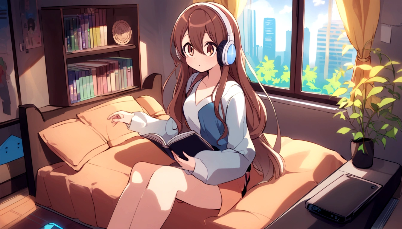Feminized Maple Manyo, curtains on the window, reading a book seriously while listening to music on headphones on the bed in her room, staying up late, girl with long hair, big eyes, city pop style fashion.