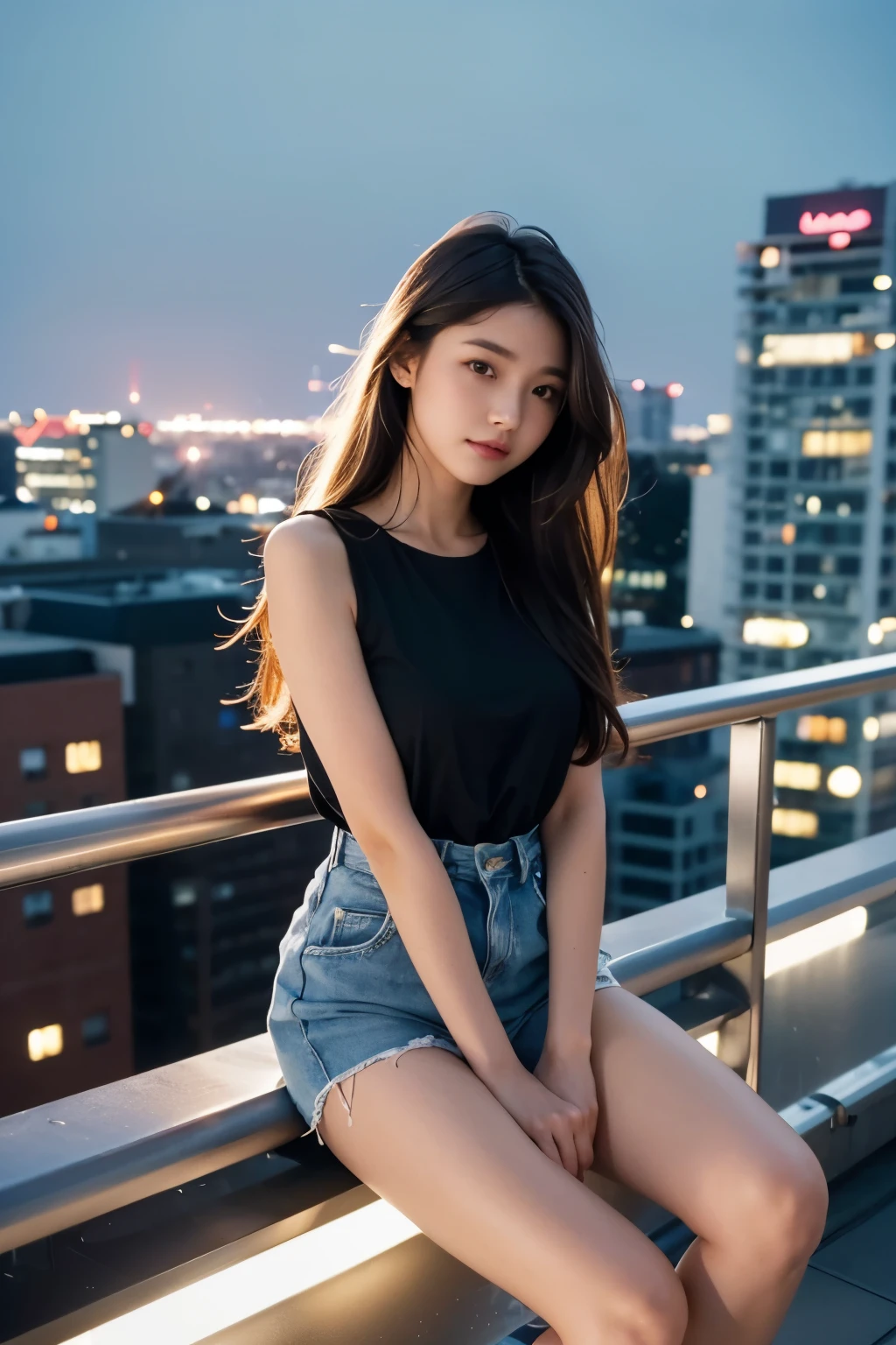 Close up of person sitting on railing in dark night, girl sitting on the rooftop, sits on the rooftop, standing on the rooftop, on the rooftop, pretty face with arms and legs, Casual Photography, Profile picture, casual pose, Platform, lopi girl aesthetic