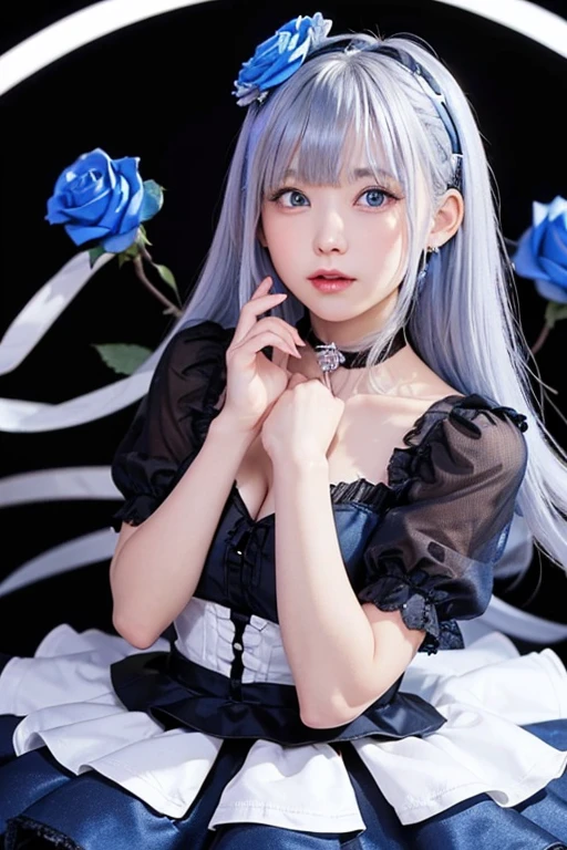 (highest quality, Tabletop), (One Girl, alone, Black Dress, Are standing , View Audience, Silver Hair, blue eyes,  Mouth closed, ),((Blue rose)),   One Woman、20-year-old woman、Flat body、Slime、cute、A face like an elementary school student、 (Background Blur)、(Shine:1.3)、(Blue geometric background:1.3)、(head shot)、White Rose、White flower、Gothic Lolita