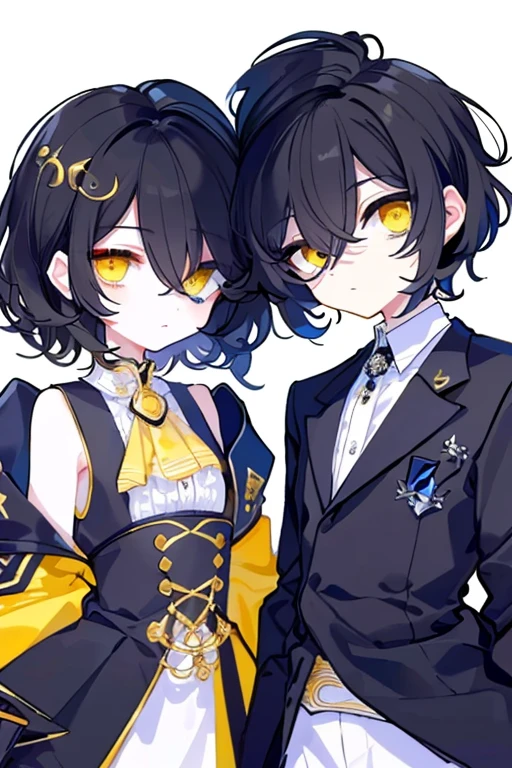 (highest quality、masterpiece:1.2) (((1 boy))) (suit) short hair、black hair,,、yellow eyes、elegant、beautiful eyes、beautiful hair、smooth skin、((low length))((hair above one eye, one eye covered)) (introverted look)upper body visible(((cute face))),(twins:1.5)