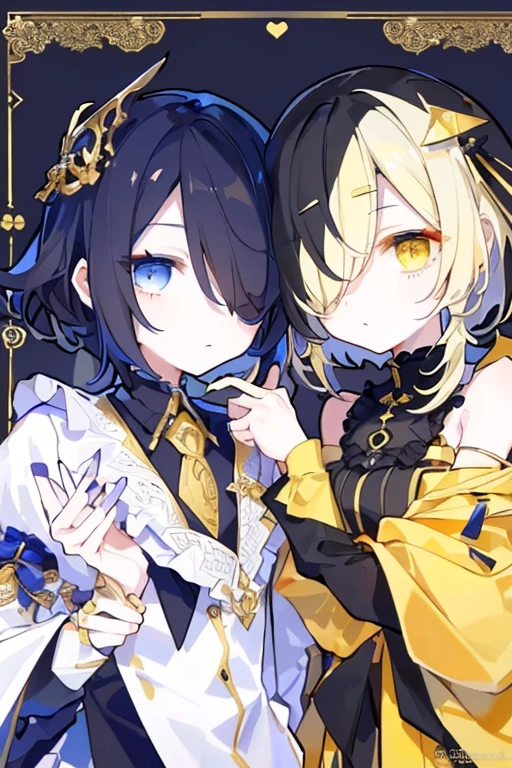 (highest quality、masterpiece:1.2) (((1 boy))) (suit) short hair、black hair,,、yellow eyes、elegant、beautiful eyes、beautiful hair、smooth skin、((low length))((hair above one eye, one eye covered)) (introverted look)upper body visible(((cute face))),(twins:1.5)