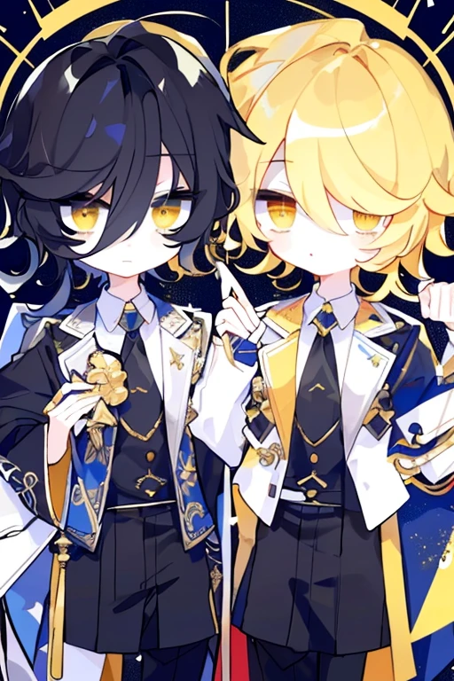 (highest quality、masterpiece:1.2) (((1 boy))) (suit) short hair、black hair,,、yellow eyes、elegant、beautiful eyes、beautiful hair、smooth skin、((low length))((hair above one eye, one eye covered)) (introverted look)upper body visible(((cute face))),(twins:1.5)