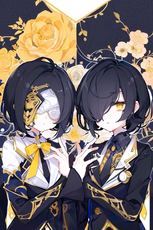 (highest quality、masterpiece:1.2) (((1 boy))) (suit) short hair、black hair,,、yellow eyes、elegant、beautiful eyes、beautiful hair、smooth skin、((low length))((hair above one eye, one eye covered)) (introverted look)upper body visible(((cute face))),(twins:1.5)