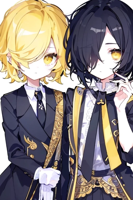 (highest quality、masterpiece:1.2) (((1 boy))) (suit) short hair、black hair,,、yellow eyes、elegant、beautiful eyes、beautiful hair、smooth skin、((low length))((hair above one eye, one eye covered)) (introverted look)upper body visible(((cute face))),(twins:1.5)