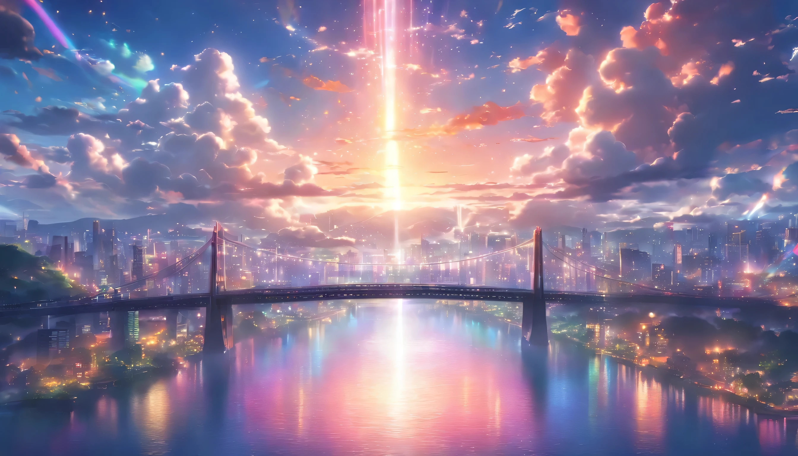 (((Miraibashi Bridge in the evening)))、((The big shining sea))、Very beautiful clouds、((Colorful light))、(Spectacular views of many cities)、(((A spectacular sky as a backdrop)))8k,((cinematic light and shadow))、Future City、Prism Rainbow、(((A scene from a movie)))、((Dazzling Sunset))、(((Rainbow light)))、((There are many different colors mixed together.))、(((Ultra-realistic CG)))、Reflective Landscape、Orange overall、((Spectacular Clouds))、(((Many glowing rays)))、((Colorful light))、(((Many colorful light balls)))