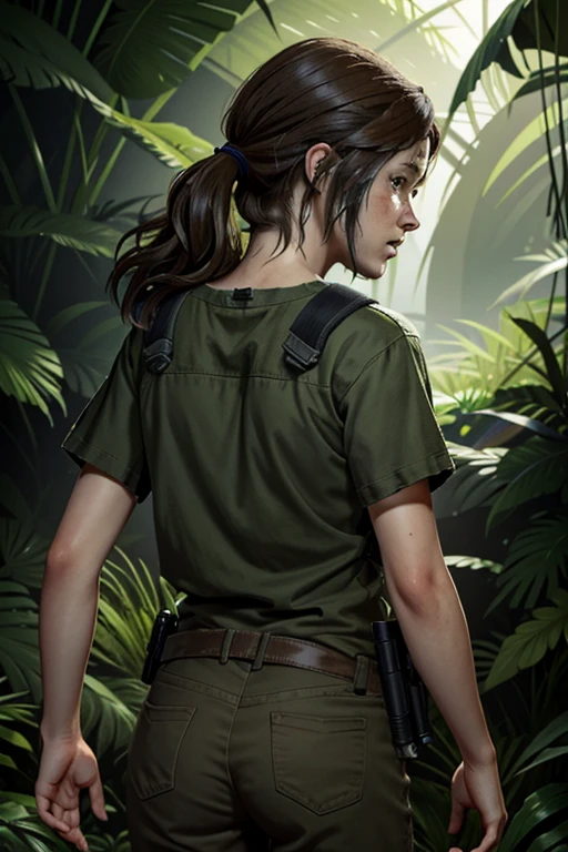 ((masterpiece, best quality))
TLOUEllie, 1girl, solo, brown hair, long hair, green eyes, in a lush jungle with vibrant flowers, from behind, looking back