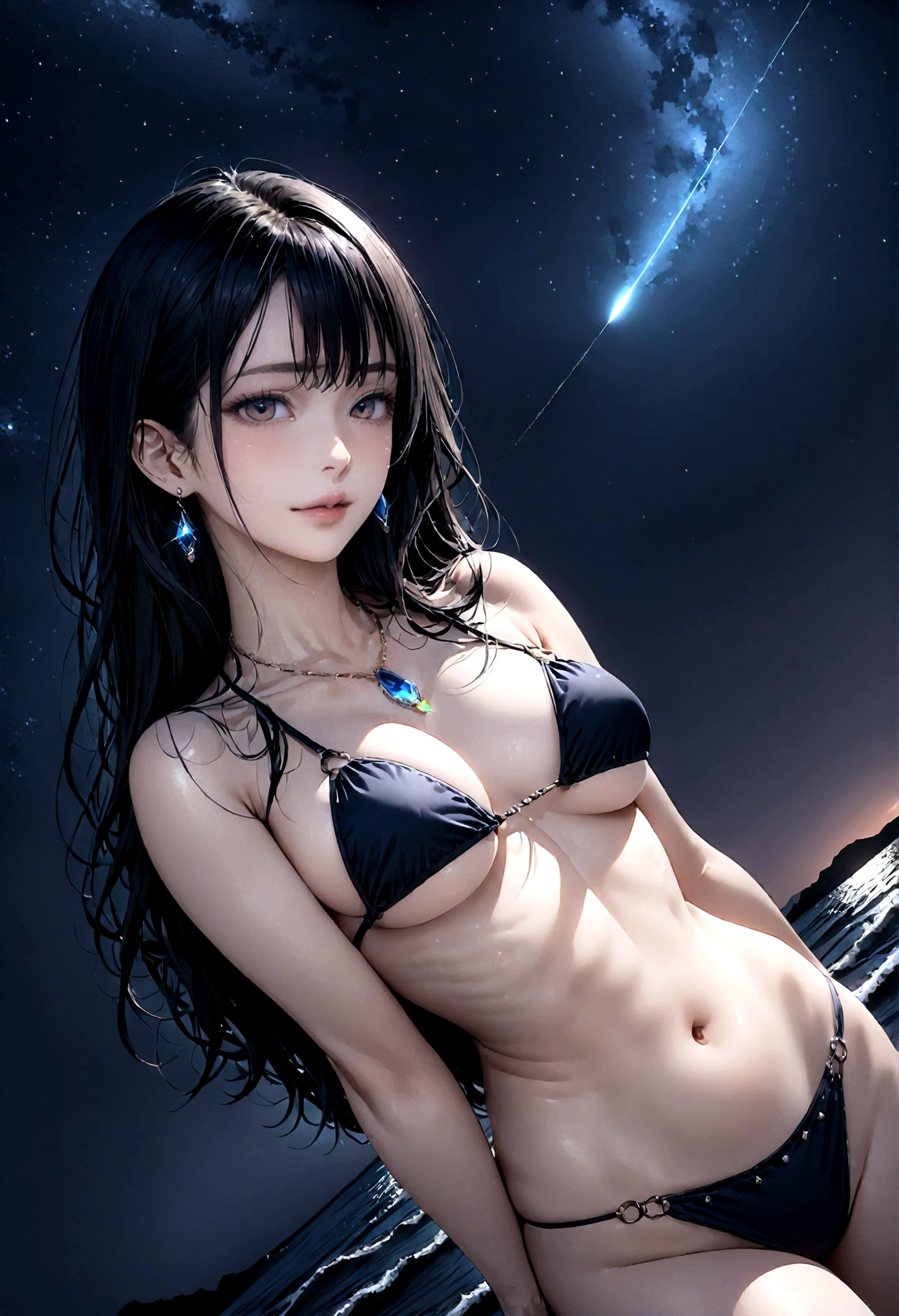 8k, masterpiece, RAW Photos, highest quality, Realistic, Very detailed, Depth of written boundary, Cinematic Light, Anatomically correct body,
An elegant beautiful mature woman, Very beautiful face, Exquisitely detailed face, (A calm and gentle face:1.4), Very delicate skin texture, Transparent muscle, Shiny white skin, Glamorous Body,
(Wavy black long hair:1.2), Sexy Breasts, Sexy ass,
(Brazilian Bikini:1.4), (Detailed cloth texture:1.2), (Body chain accessory with detailed jewel studded embellishments:1.3), (Gorgeous necklace:1.1), (Gorgeous earrings:1.1),
(Dark starry background:1.4), (Milky Way:1.1), (milky way:1.1), (shooting star:1.1), (Dark coastline at night:1.4), (Pitch black sea surface:1.4),
(Standing in the sea:1.2),
(Low angle shot:1.8),