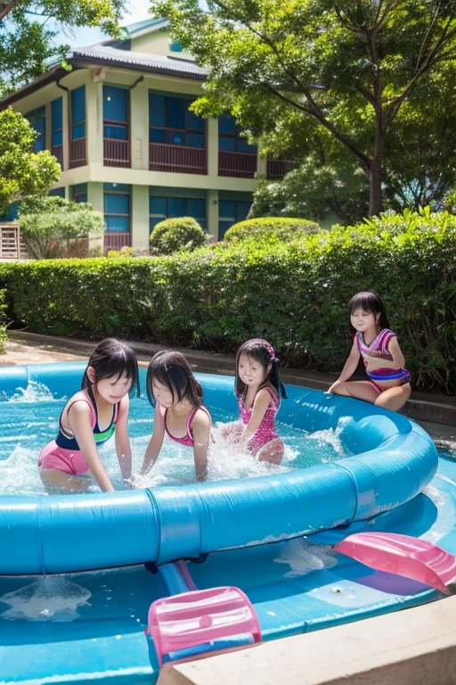 In a water play area in a park, several girls ranging from to elementary school students aged 12 wearing school swimsuits.