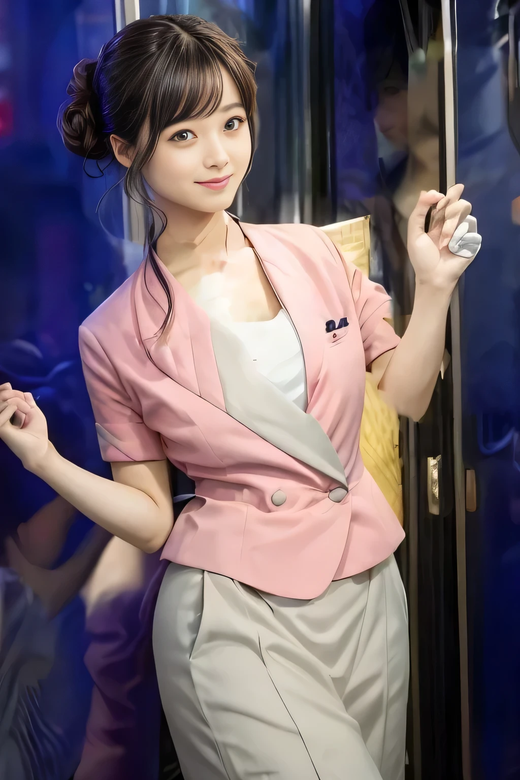 (masterpiece:1.2, highest quality:1.2), 32K HDR, High resolution, (alone、1 girl)、 (Height: 160cm)、(On the rooftop of a building in the daytime、Professional Lighting)、Building rooftop background、(Nankai train crew uniform pinkを着たリアルスタイル)、(Nankai train crew uniform pink short sleeve collarless pink jacket、Nankai Train Crew Uniform Pink Collarless Short Sleeve Blouse、Nankai Train Crew Uniform Pink Grey Knee-length Culottes)、Dark brown hair、(Hair tied up、Hair tied up、Evening curly hairstyle)、Dark brown hair、Long Shot、Big Breasts、Thin legs、((Great hands:2.0)),((Harmonious body proportions:1.5)),((Normal limbs:2.0)),((Normal finger:2.0)),((Delicate eyes:2.0)),((Normal eyes:2.0)))、smile、(Nankai Train Crew Uniform Pink Grey Knee-length Culottesを見せた美しい歩く姿)、Place your hands around your stomach、Lanyard employee ID card