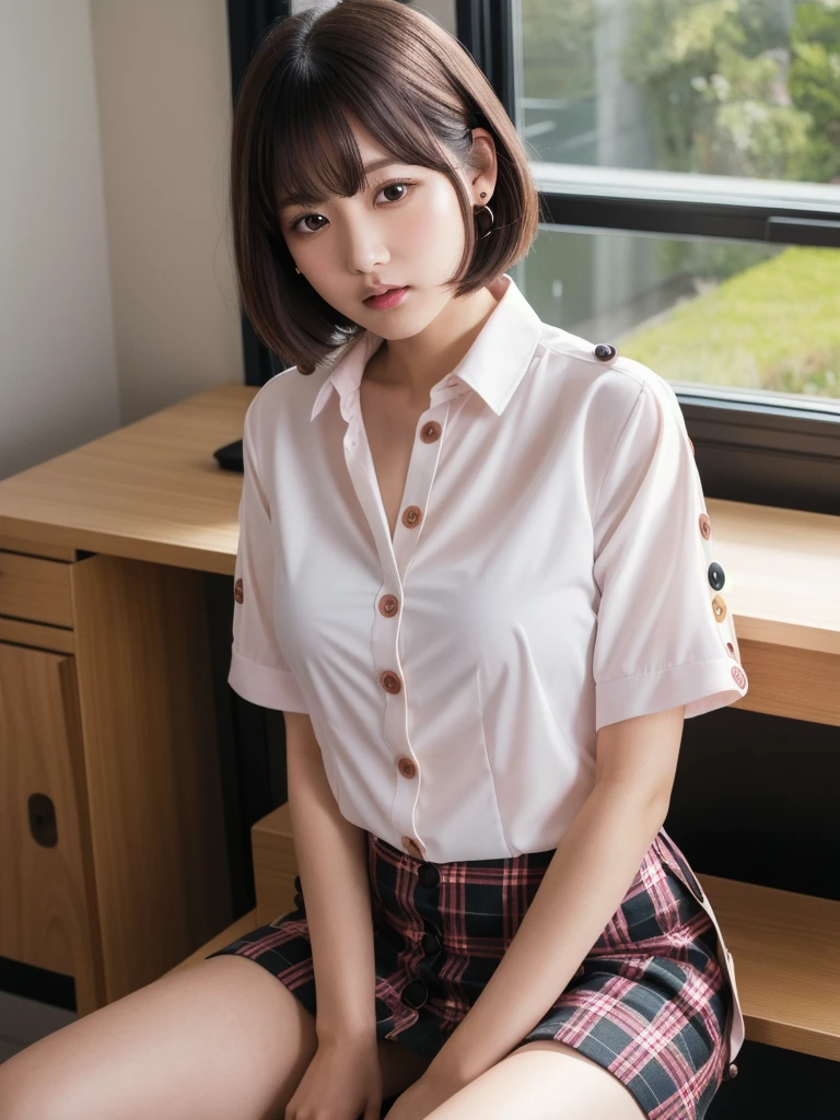 (8k, Photorealistic, Raw photo, Highest quality: 1.4),Japanese idol-style beautiful girl,1 person,17 years old,Hairstyle(Short Bob,Black :1.4),She has her hair tucked behind her ears,Large, clear grey eyes,Long eyelashes,Plump Cheeks,Thin and delicate shoulders,(bra(Pink)Wearing),thin abdomen,(She is wearing a plain white short-sleeved blouse),(All the buttons on her blouse are undone :1.8),(The hem of the blouse is hanging up..8),(Pleated skirt(Plaid)Wearing),Blackの靴下を履いている,School classroom,(Sitting with both feet on the desk(Legs wide open :1.4)),(Angle from below),Full body portrait