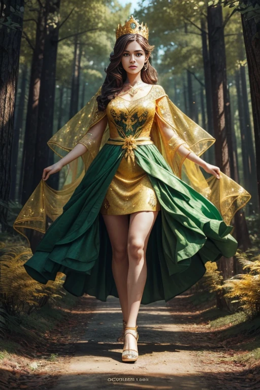 A beautiful woman is walking in the middle of a forest, she's offering her hand, growing like a crown of a tree, green, orange and gold,like a living organism, shining bright, dressed with symmetrical designs of leaves and arabesques, adorned with yellow lights, masterpiece, highly detailed, 3d modelling, 4k resolution, abstract art, digital art, photographic
