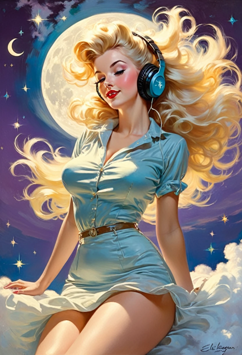 A Gil Elvgren pin-up style painting of a beautiful blonde woman with big messy hair,  floating in the clouds gracefully, wearing headphones, with moon light, twinkling stars and stardust, vibrant and colorful, full body shot