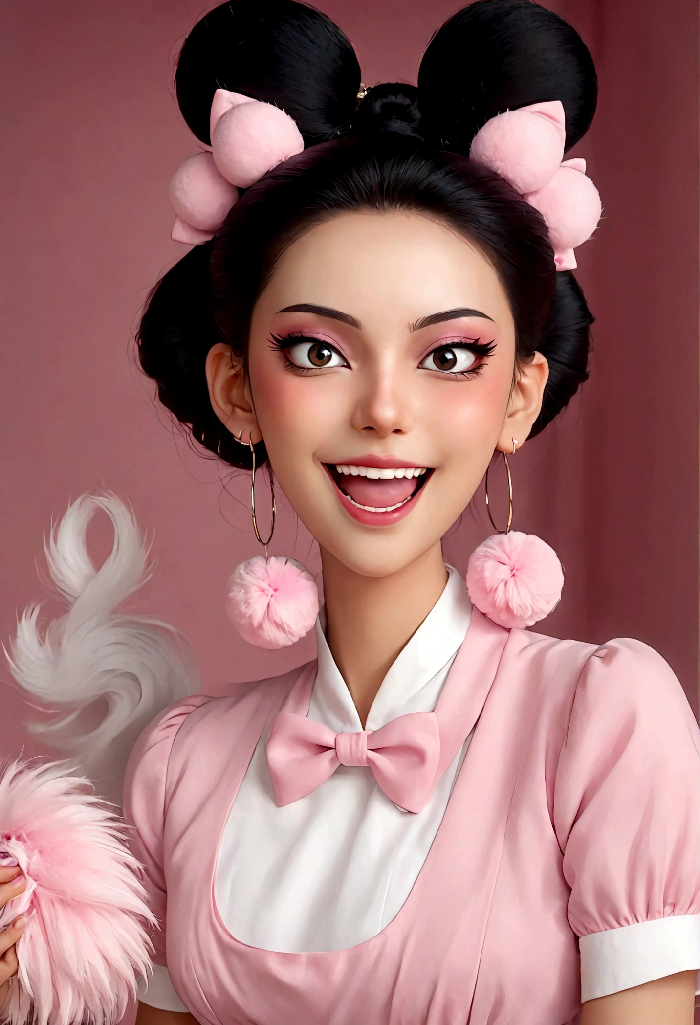 Beautiful face,beautiful eyes,Pink Eyeshadow,laughing out loud,Fangs,Big fluffy tail,Black high bun,Forehead hair,Pink pompom earrings,Pink maid outfit,Reach out,Spells,