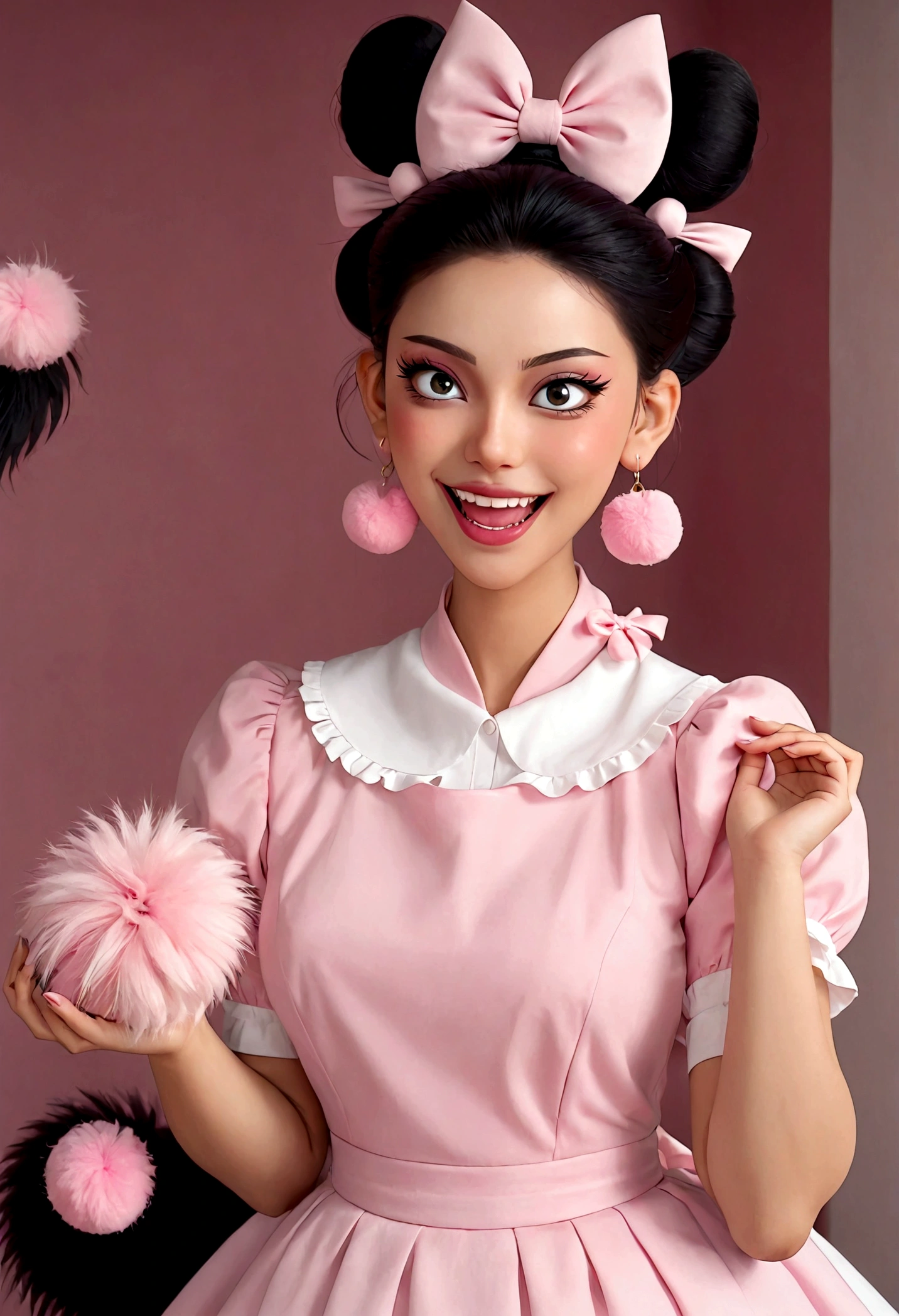 Beautiful face,beautiful eyes,Pink Eyeshadow,laughing out loud,Fangs,Big fluffy tail,Black high bun,Forehead hair,Pink pompom earrings,Pink maid outfit,Reach out,Spells,