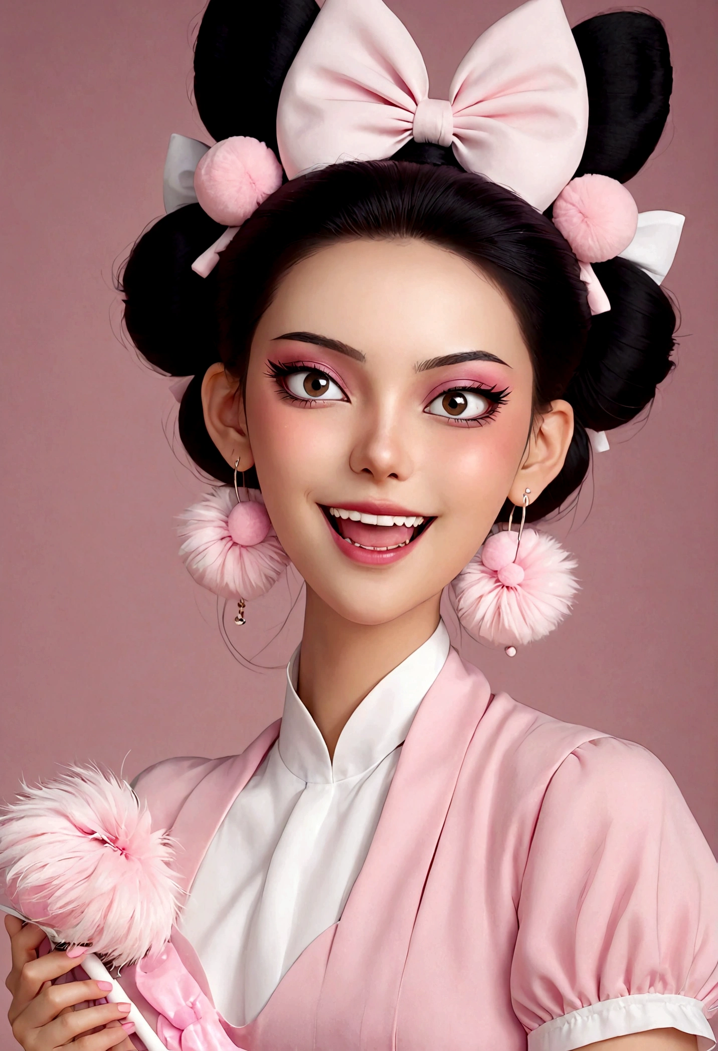 Beautiful face,beautiful eyes,Pink Eyeshadow,laughing out loud,Fangs,Big fluffy tail,Black high bun,Forehead hair,Pink pompom earrings,Pink maid outfit,Reach out,Spells,