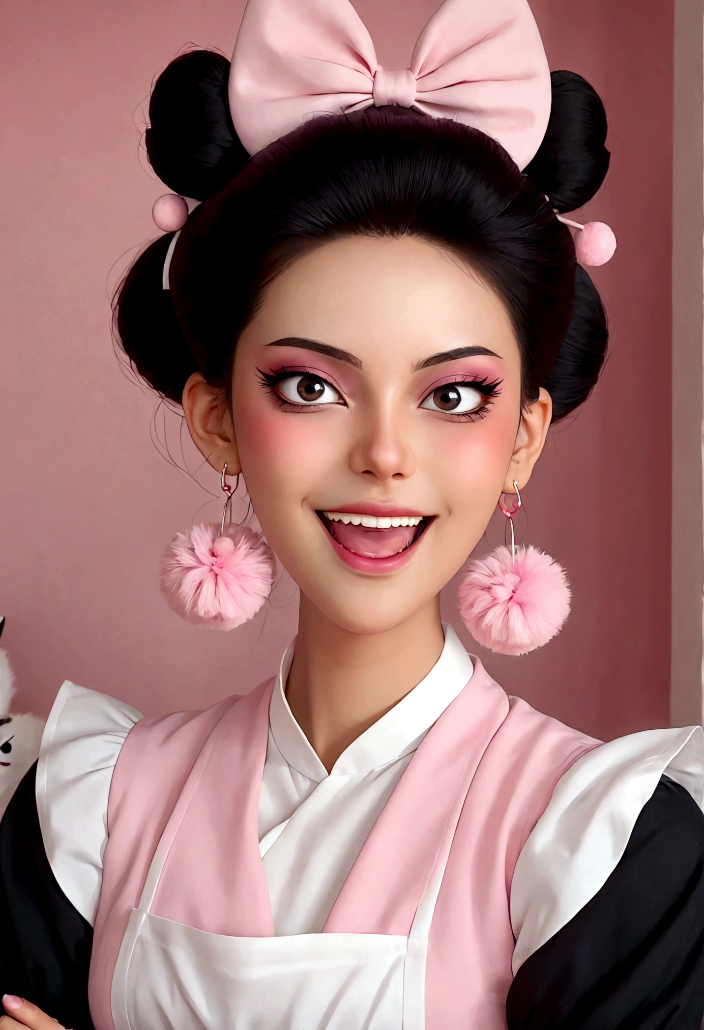 Beautiful face,beautiful eyes,Pink Eyeshadow,laughing out loud,Fangs,Big fluffy tail,Black high bun,Forehead hair,Pink pompom earrings,Pink maid outfit,Reach out,Spells,