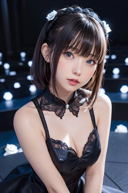 (highest quality, Tabletop), (One Girl, alone, Black Dress, Are standing , View Audience, Gray Hair, blue eyes,  Mouth closed, ),((White Rose)),   One Woman、20-year-old woman、Flat body、Slime、cute、A face like an 、 (Background Blur)、(Shine:1.3)、(Bright geometric background:1.3)、(head shot)、White Rose、White flower、Gothic Lolita、Flat Chest