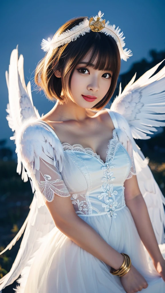(A Ultra cute young Japanese Angel:1.75), (She has real Angel wings:1.75),(she wearing a decorated with feathers and lace holy angel costume slim fit:2.0),(She is an angel floating in the air:1.5),(beautiful detailed eyes:2.0),beautiful detailed lips, (extremely detailed cute face:2.0), longeyelashes, (slender woman body:2.0), (beautiful short hair:2.0), (natural makeup:1.2),big smile, incredibly beautiful skin,(professional lighting, bright lighting, photorealistic, 8k, high resolution, best quality, masterpiece, ultra-detailed:1.75), vivid colors, (Moonlit Night:1.5),(The moonlight shines on her face:1.2)