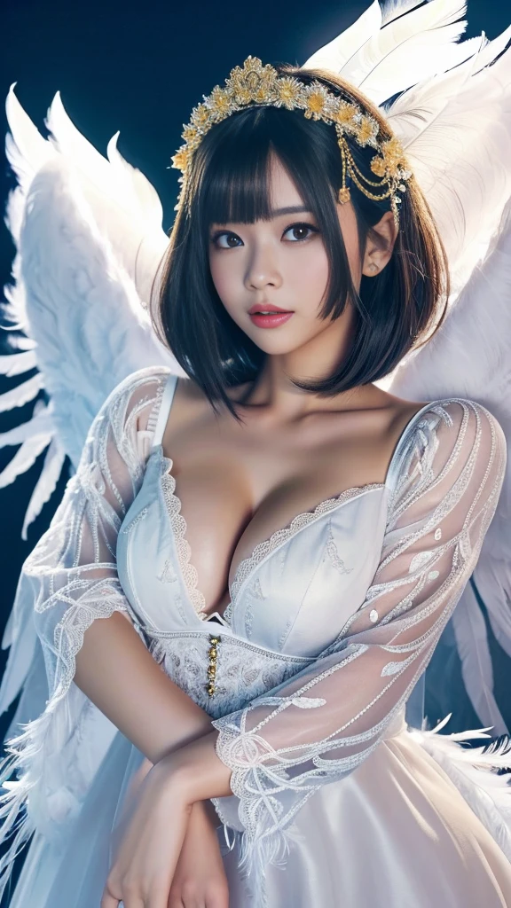 (A Ultra cute young Japanese Angel:1.75), (She has real Angel wings:1.75),(she wearing a decorated with feathers and lace holy angel costume slim fit:2.0),(She is an angel floating in the air:1.5),(beautiful detailed eyes:2.0),beautiful detailed lips, (extremely detailed cute face:2.0), longeyelashes, (slender woman body:2.0), (beautiful short hair:2.0), (natural makeup:1.2),big smile, incredibly beautiful skin,(professional lighting, bright lighting, photorealistic, 8k, high resolution, best quality, masterpiece, ultra-detailed:1.75), vivid colors, (Moonlit Night:1.5),(The moonlight shines on her face:1.2)